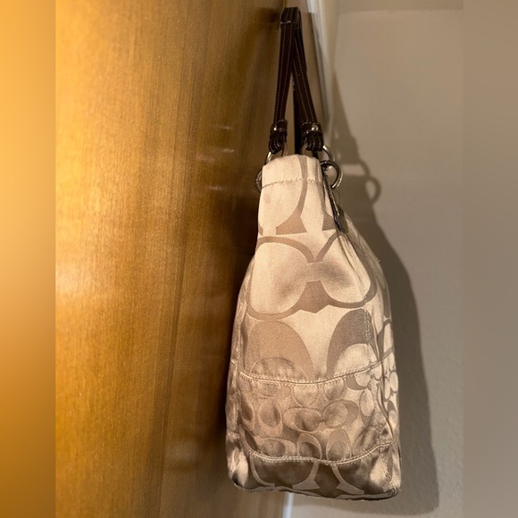 Coach Signature Stripe Khaki Satin Tote Bag Brown Leather Trim Style 14449 - Picture 8 of 16